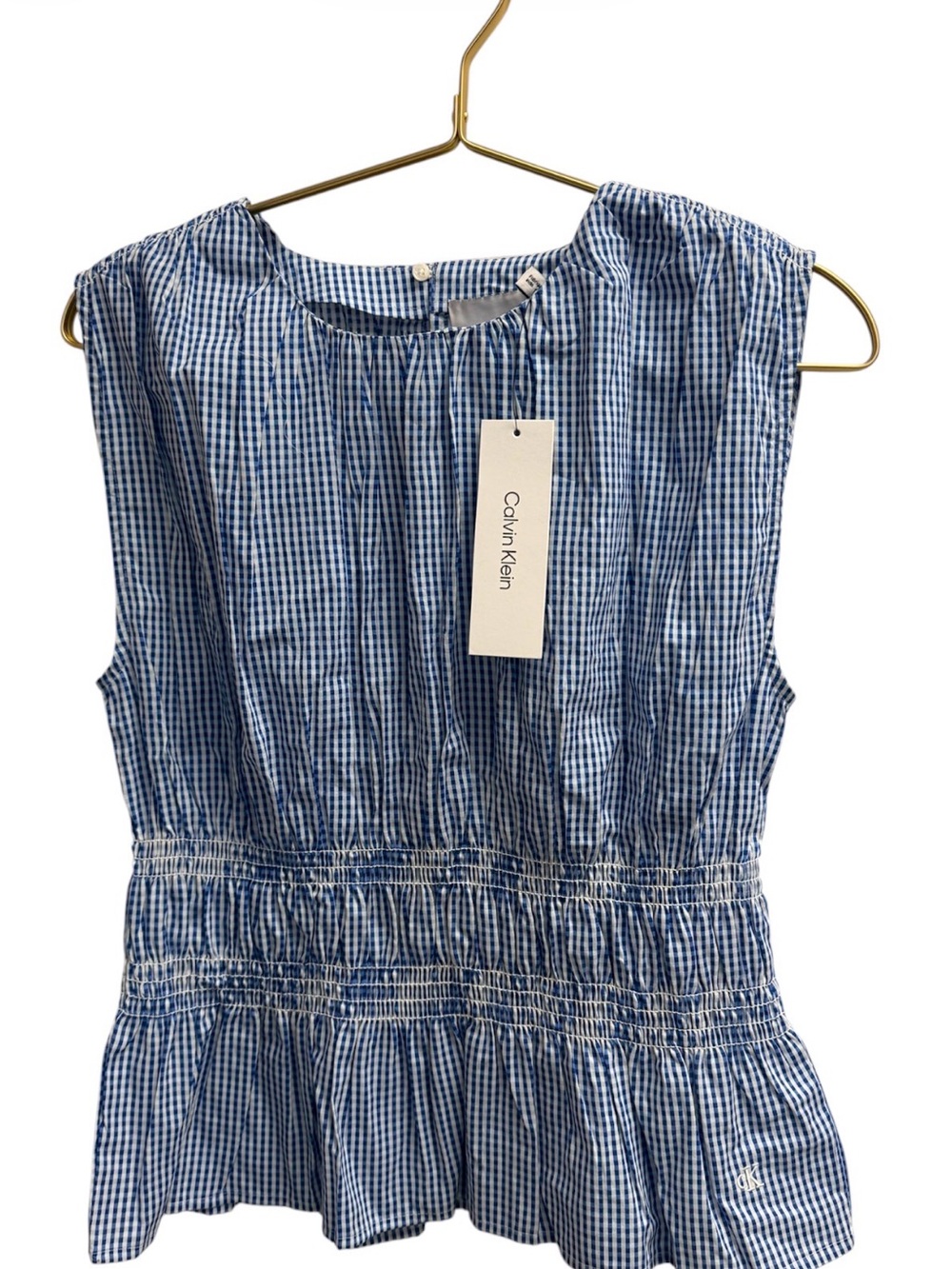 Calvin Klein Blue & White Gingham Sleeveless Peplum Blouse